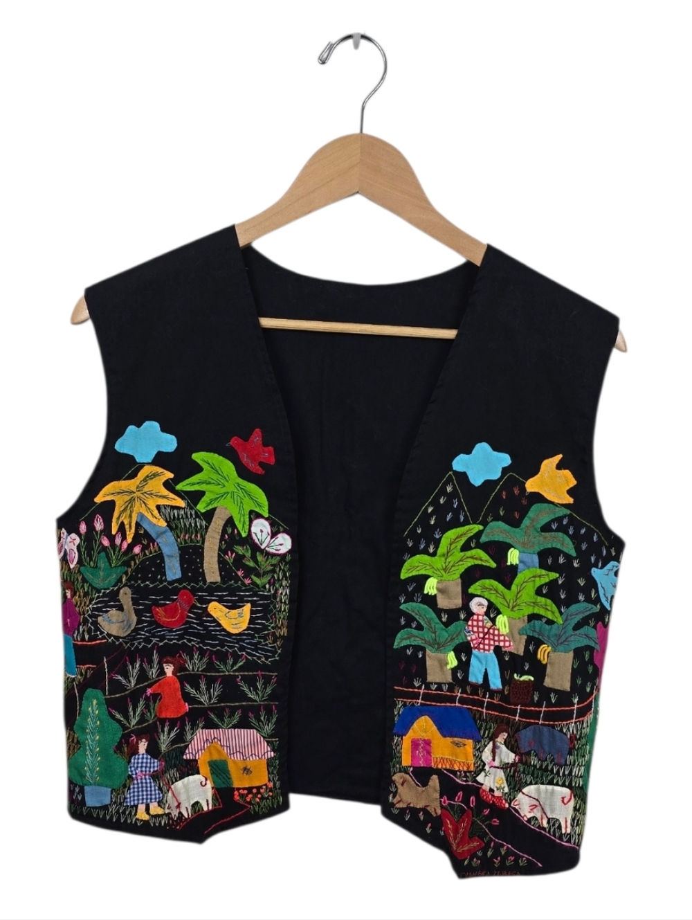 Vintage Cuyamuna Style Colombian Folk Art Applique Open Front Vest XS Small